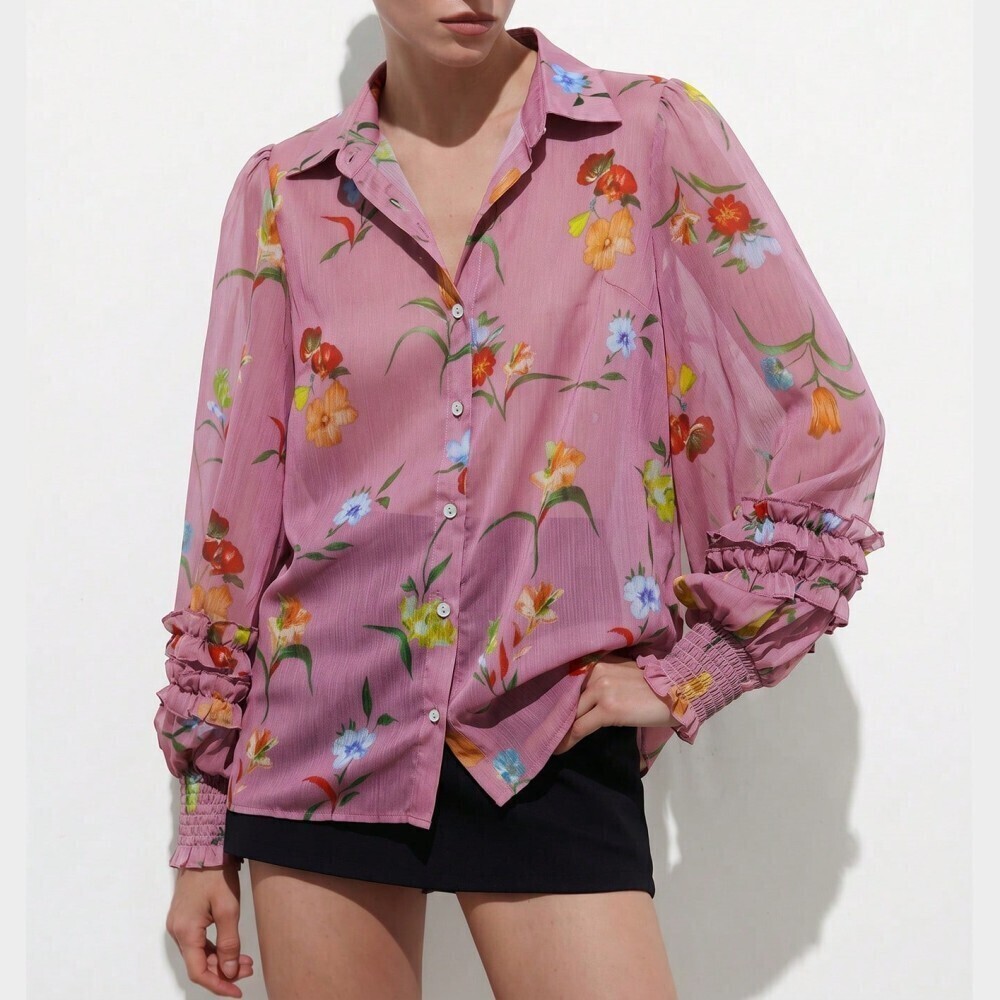 Pink Floral Sheer Blouse with Smocked Ruffle Cuffs